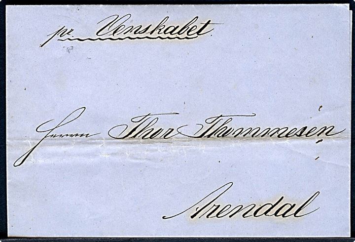 1851.Privatbefordret brevomslag fra Hamburg d. 30.9.1851 påskrevet “pr. Venskabet” til Arendal, Norge. Muligvis sejlet med jagten “Venskabet” af Farsund. 