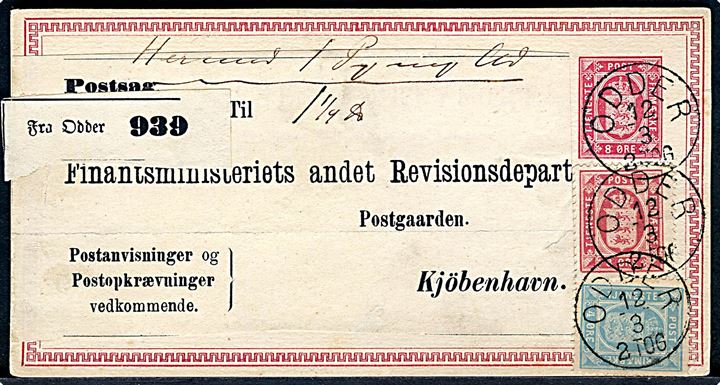8 øre Tjeneste-brevkort opfrankeret med 4 øre og 8 øre Tjenestemærke anvendt som adressekort for pakke og annulleret med tydeligt lapidar Odder d. 12.3. ca. 1885 til Kjøbenhavn. Dekorativ forsendelse.