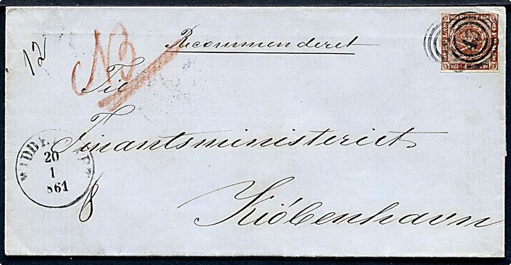 4 sk. 3. tryk 1858 udg. single på anbefalet brev annulleret med nr.stempel “42” og sidestemplet antiqua Middelfart d. 20.1.1861 til Kjøbenhavn. 8 sk. Rec.-gebyr er betalt kontant.