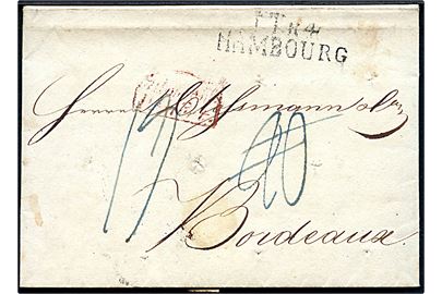 1832. Kolera-brev. Portobrev dateret i Hamburg d. 31.12.1832 til Bordeaux, Frankrig med tydelige huller efter desinficering. Sort TTR4 Hamburg. Modtaget d. 8.1.1832 med flere portopåtegninger.