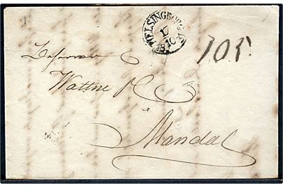 1831. Kolera-brev. Portobrev dateret i Helsingør d. 17.10.1831 og stemplet Helsingborg d. 17.10.1831 til Mandal, Norge. Huller efter  desinficering.