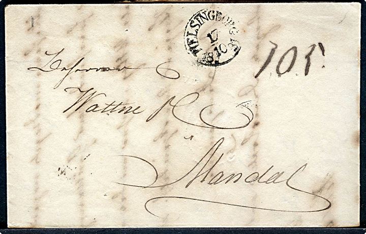1831. Kolera-brev. Portobrev dateret i Helsingør d. 17.10.1831 og stemplet Helsingborg d. 17.10.1831 til Mandal, Norge. Huller efter  desinficering.