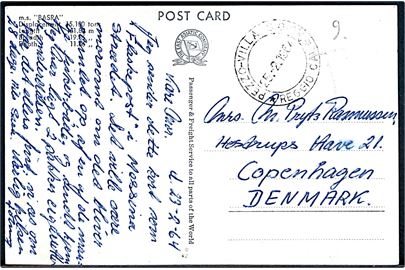 Ufrankeret brevkort (M/S “Basra”) sendt i malerdåse som “flaskepost” i Messina-strædet d. 23.2.1964 og afleveret af finder på postkontoret i Pezzo-Villa, San Giovnni d. 25.2.1964 til København, Danmark. Iflg. tekst skulle vedlagte cigaretter betale porto, hvilke ikke er sket.