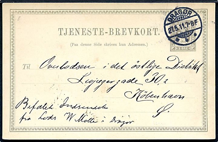 3 øre lokalt Tjenestebrevkort fra Dragør d. 27.5.1911 til Overlodsen i det østlige Distrikt, København. Påskrevet: “Befalet Indsendende fra Lods W. Møller, Dragør”.