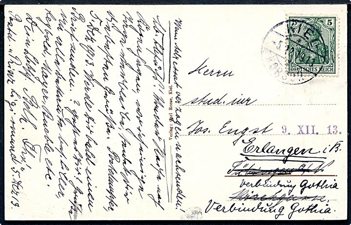 Tysk 5 pfg. Germania på brevkort (Postdampfer “Prinz Sigismund”) skrevet ombord og annulleret med sjældent brotype IIg skibsstempel Kiel - /**/ Korsør d. 5.12.1913 til Tübingen - eftersendt til Erlangen. 