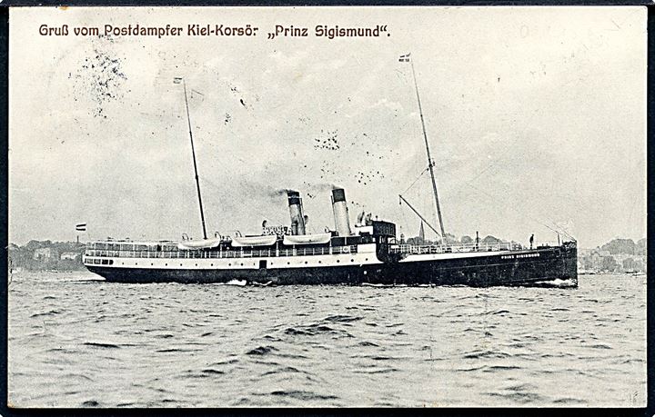 Tysk 5 pfg. Germania på brevkort (Postdampfer “Prinz Sigismund”) skrevet ombord og annulleret med sjældent brotype IIg skibsstempel Kiel - /**/ Korsør d. 5.12.1913 til Tübingen - eftersendt til Erlangen. 
