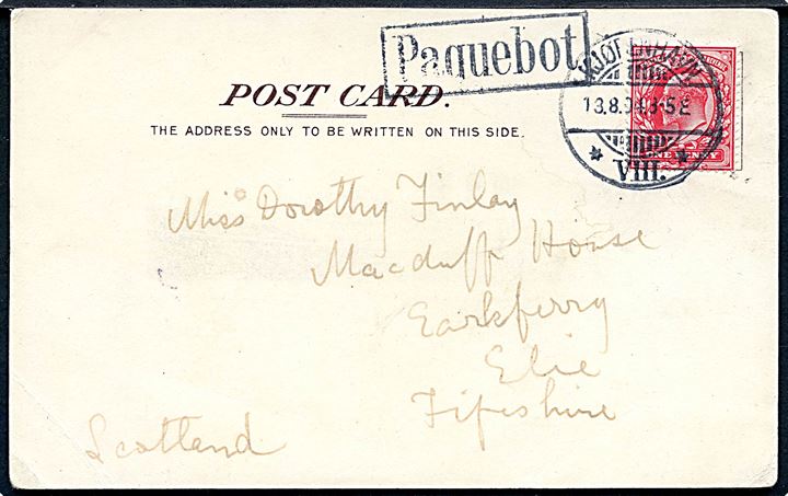 Engelsk 1d Edward VII på brevkort (P&O Line Cruising Yarch “Vectis”) annulleret m. dansk stempel Kjøbenhavn VIII (Københavns Frihavn) d. 13.8.1904 og sidestemplet med rammestempel “Paquebot” (37x13 mm) til Elie,  Earlsferry, Scotland. Sjældent skibsstempel.