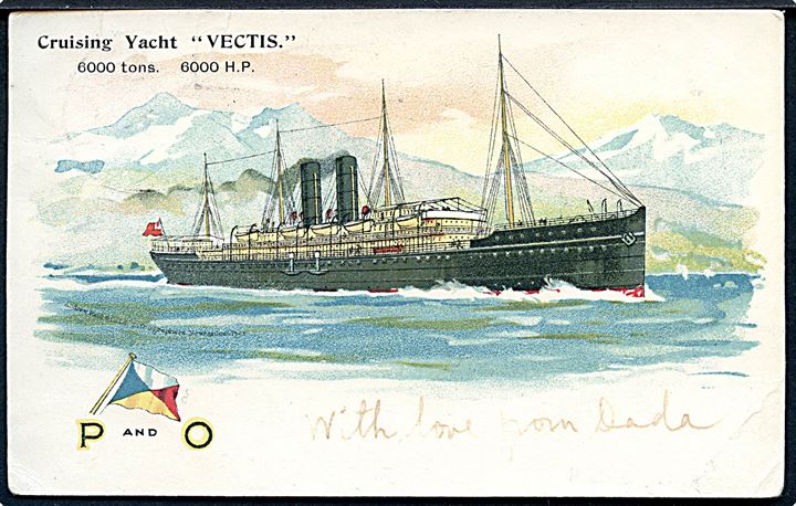 Engelsk 1d Edward VII på brevkort (P&O Line Cruising Yarch “Vectis”) annulleret m. dansk stempel Kjøbenhavn VIII (Københavns Frihavn) d. 13.8.1904 og sidestemplet med rammestempel “Paquebot” (37x13 mm) til Elie,  Earlsferry, Scotland. Sjældent skibsstempel.