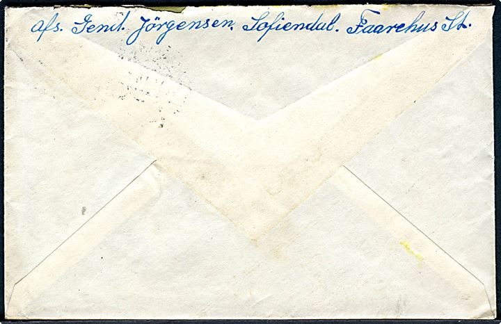 20 øre Chr. X på brev med indhold dateret Sofiendal annulleret med brotype IIb Faarhus d. 11.1.1921 til Odense. Medfølger foto af afsender: Grænsegendarm Emil Jørgensen. Interessant tidsbillede.