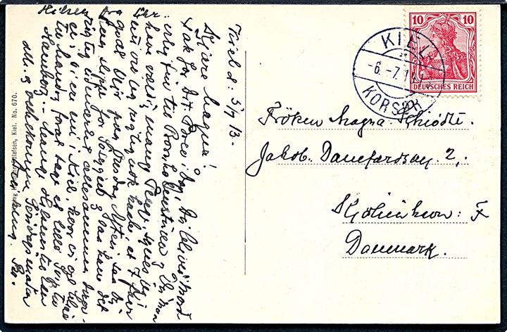 Tysk 10 pfg. Germania på brevkort fra Kiel annulleret med sjældent brotype IIg skibsstempel Kiel - /*/ Korsør d. 6.7.1913 til København, Danmark.