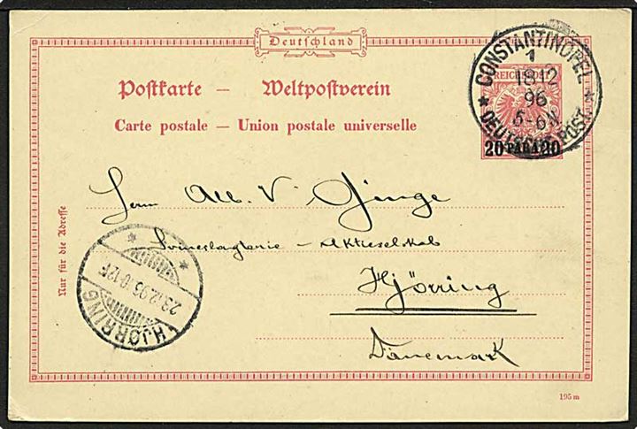 Tysk post i Tyrkiet. 20 para/10 pfg. helsagsbrevkort stemplet Constantinopel 1 Deutsche Post d. 18.12.1896 til Hjørring, Danmark.