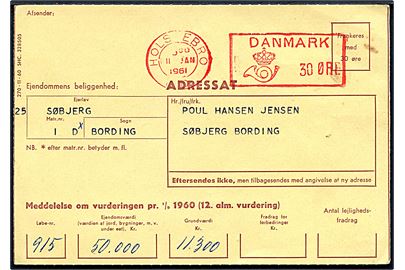 30 øre posthusfranko Holstebro / RD d. 11.1.1961 på ejendomsvurdering fra Holstebro Amtsstue til Bording. Særligt posthus-frankostempel benyttet i Randers på forsendelser fra Holstebro.