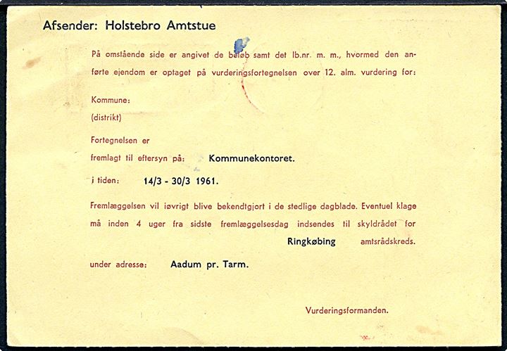 30 øre posthusfranko Holstebro / RD d. 11.1.1961 på ejendomsvurdering fra Holstebro Amtsstue til Bording. Særligt posthus-frankostempel benyttet i Randers på forsendelser fra Holstebro.