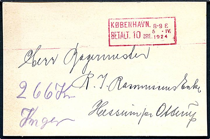 10 øre posthusfranko København d. 5.4.1924 på brevkort fra firma Margarinefabriken Bona til Hassum pr. Otterup. Tidlig anvendelse.