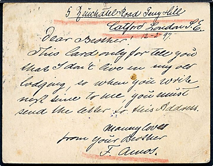 1d Victoria på brevkort fra Catford d. 13.2.1897 til Kjøge, Danmark - forsøgt i Korsør og returneret med 2-sproget etiket “Ubekjendt” og britisk returstempel.