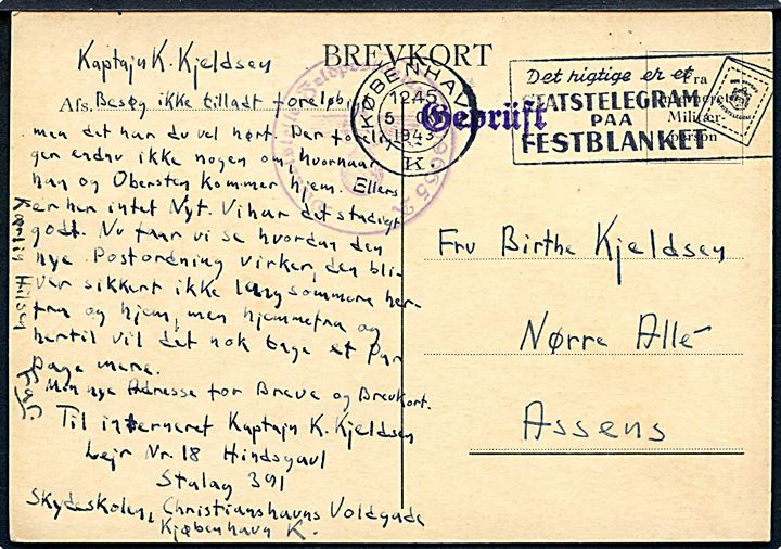 Ufrankeret Interneret brevkort fra officer på Hindsgavl d. 30.9.1943 annulleret København d. 5.10.1943 til Assens. Tysk Briefstempel Feldpost-nr. 09665A (= Stab Reserve-Grenadier-Bataillon 184) benyttet som lokal censur og violet Stalag censur: Geprüft. God kombination.