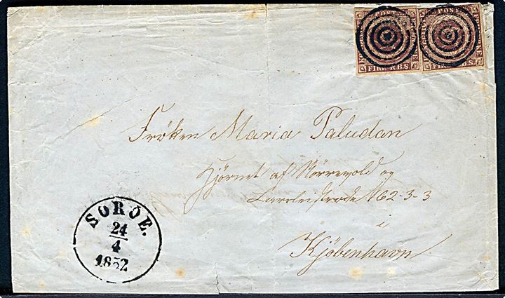 4 R.B.S. Ferslew (2) på dobbeltbrev annulleret med stumt stempel og sidestemplet antiqua Soröe. d. 24.4.1852 til Kjøbenhavn.