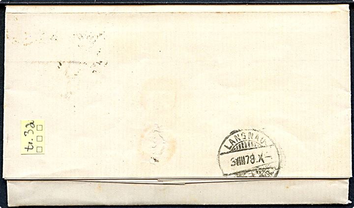 20 øre Tofarvet tryk 3a single på brev fra Kjøbenhavn annulleret med kombineret nr.stempel “181”/SJ.JB.P.SP.B. d. 31.7.1878 til Langnau, Canton Bern, Schweiz.