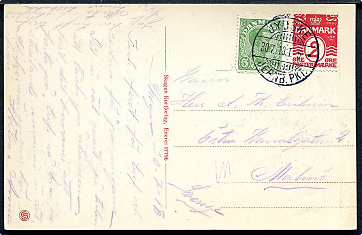 2 øre Bølgelinie og 5 øre Chr. X på brevkort (Ruth’s Hotel, Gl. Skagen) annulleret med reserve bureaustempel (R2) Jydske Jernb.Pkt. T.5 d. 30.7.1918 til Malmö, Sverige. Stempel benyttet på Skagenbanen 1918-1919. 
