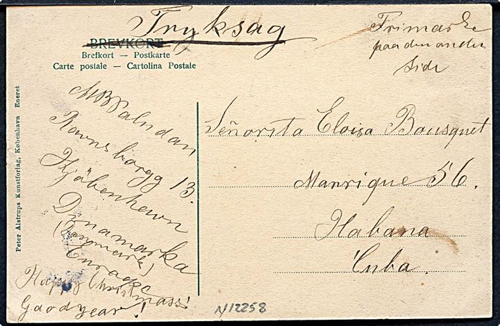 5 øre Fr. VIII og Julemærke 1909 (rift) på billedside af brevkort sendt som tryksag fra Kjøbenhavn d. 16.12.1909 til Havana, Cuba. Meget sjælden destination.