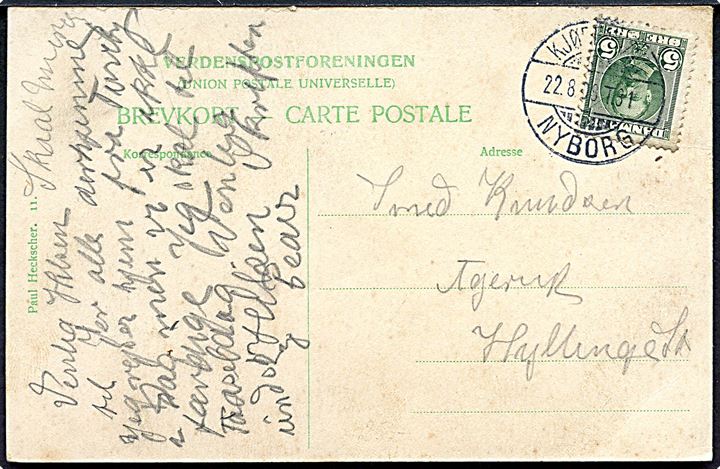 5 øre Fr. VIII på brevkort annulleret med vanskeligt brotype Ie bureaustempel Kjøbenhavn - Nyborg T.31 d. 22.8.1908 til Hyllinge. 