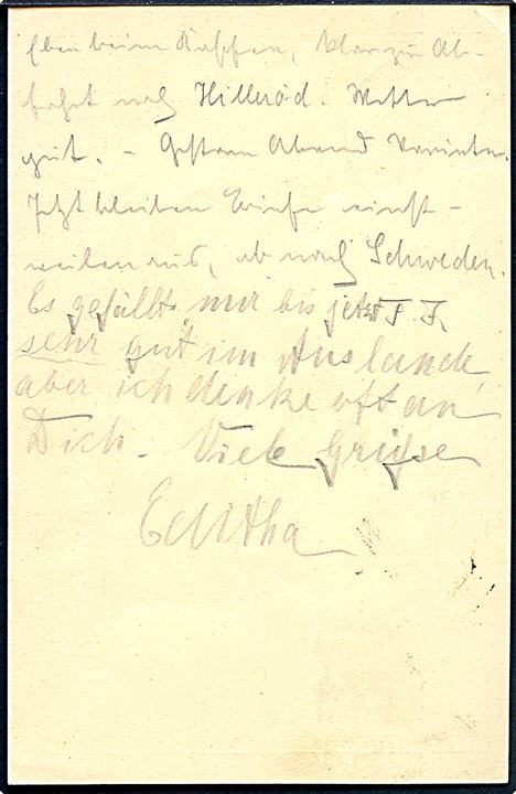 10 øre Fr. VIII helsagsbrevkort annulleret med VIOLET bureaustempel Kjøbenhavn - Korsør T.5 d. 1.10.1908 til Kiel, Tyskland.