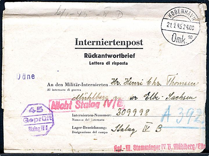 Svardel af dobbelt interneretpost-foldebrev stemplet i København d. 21.1.1945 til dansk politimand Henri Chr. Thomsen i krigsfangelejr Stalag IVB i Mühlberg. Rødt stempel “Nicht Stalag IV/B” og eftersendt til Stalag IVD Torgau.
