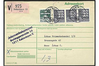 100 øre Bølgelinie og 6 kr. Rigsvåben (3) på adressekort for værdipakke fra København d. 30.3.1981 til Århus.
