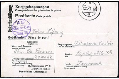 Krigsfangebrevkort med fortrykt fransk meddelelse vedr. modtagelse af pakke med stumt stempel d. 12.1.1945 til København. Fra dansk politimand Henri Chr. Thomsen i Stalag IVB Mühlberg med violet lejrcensur.