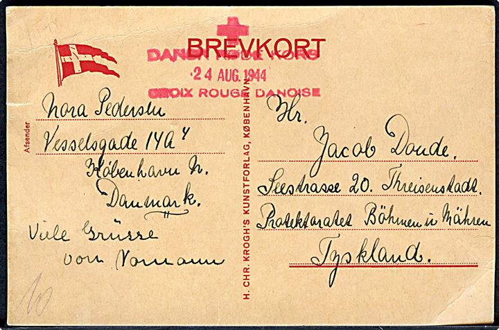 Ufrankeret brevkort dateret København d. 18.8.1944 til dansk jødisk fange Jacob Donde i KZ-lejr Theresienstadt sendt via Dansk Røde Kors d. 24.8.1944. Ingen tegn på censur.