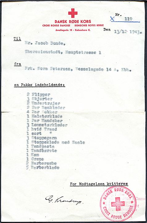 Kvittering fra Dansk Røde Kors i København d. 13.12.1943 for afsendelse af pakke med beklædning og andre fornødenheder til dansk jøde Jacob Donde i KZ-Lejr Theresienstadt. 