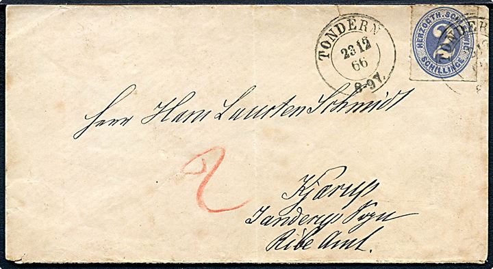 Herzogth. Schleswig 2 sch. stukken kant på brev med 2-ringsstempel Tondern d. 22.12.1866 til Kjærup Janderup Sogn, Ribe Amt. Påskrevet “2” sk. med rødkridt. 