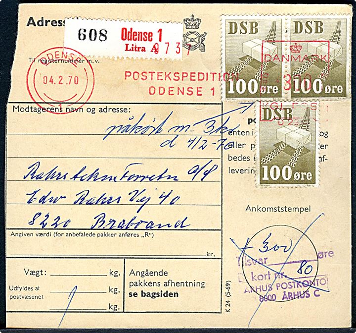DSB 100 øre Fragtmærke (3) fejlagtigt anvendt på adressekort for postpakke og opfrankeret med 300 øre posthusfranko i Odense d. 4.2.1970 til Brabrand. 