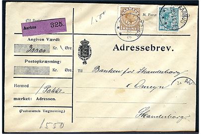 80 øre og 1 kr. Chr. X på adressebrev for værdipakke fra Aarhus d. 7.12.1916 til Skanderborg. 