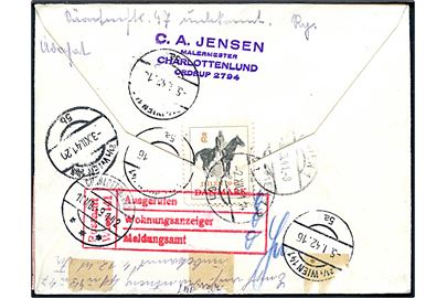 5 øre Bølgelinie, 5+3 øre Røde Kors (2) og 10+5 øre Børneforsorg (8) på anbefalet luftpostbrev fra København Lufthavn d. 1.12.1941 til Wien. Retur som ubekendt og uden censur. På bagsiden Julemærke 1941.