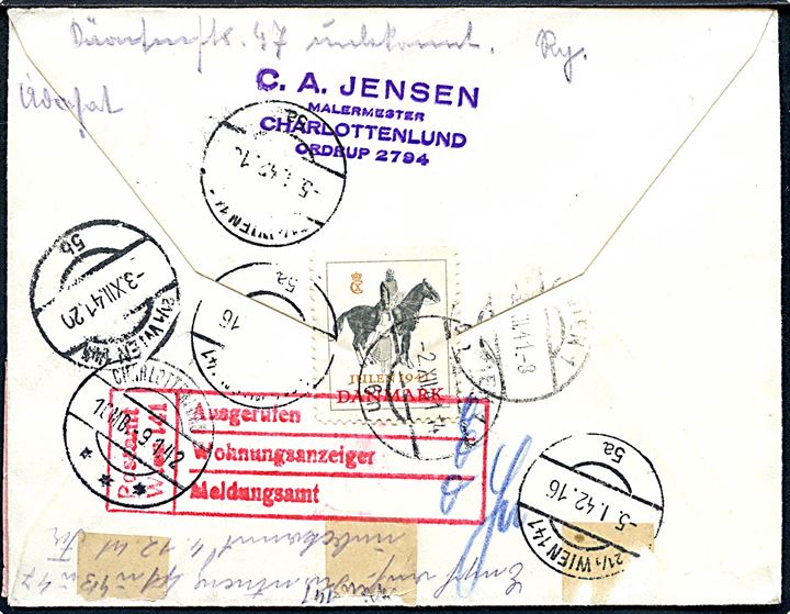 5 øre Bølgelinie, 5+3 øre Røde Kors (2) og 10+5 øre Børneforsorg (8) på anbefalet luftpostbrev fra København Lufthavn d. 1.12.1941 til Wien. Retur som ubekendt og uden censur. På bagsiden Julemærke 1941.