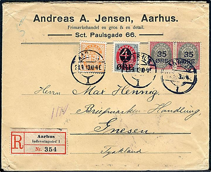1 øre Våben, 4/8 øre og 35/20 øre (par) Provisorium på 75 øre frankeret 3. vægtkl. anbefalet brev fra Aarhus d. 23.9.1913 til Gnesen, Tyskland. 