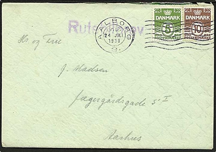 5 øre og 10 øre Bølgelinie på brev fra Aalborg d. 24.7.1938 med sidestempel Rutebilbrev til Aarhus.