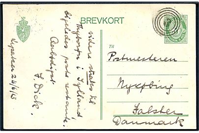 5 øre helsagsbrevkort dateret Lysaker d. 24.6.1913 annulleret med 4-ringsstempel “3” til Nykøbing F., Danmark. Nummerstempel benyttet i jernbanebureauet Kristiania - Asker. 