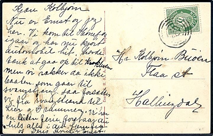 5 øre Posthorn på brevkort (Sundvolden ny Hotel) ca. 1914 annulleret med 4-ringsstempel “59” til Fkaa St. i Hallingdal. Stempel benyttet i Åbjør, Nordre Aurdal.