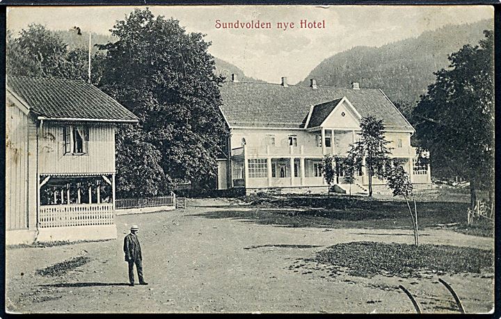 5 øre Posthorn på brevkort (Sundvolden ny Hotel) ca. 1914 annulleret med 4-ringsstempel “59” til Fkaa St. i Hallingdal. Stempel benyttet i Åbjør, Nordre Aurdal.