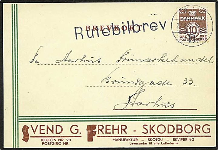 10 øre Bølgelinie single på brevkort fra Skodborg stemplet Vejen B. d. 22.8.1938 og sidestemplet Rutebilbrev til Aarhus.