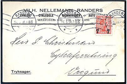 7/20 øre Provisorium med perfin “VN” på tryksagskort fra firma Vilh. Nellemann i Randers d. 23.3.1928 til Vrøgum. Vanskeligt perfin som kendes 1926-1932. Mærke mgl. hjørnetak.
