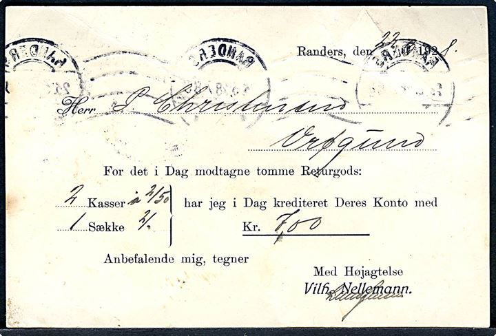 7/20 øre Provisorium med perfin “VN” på tryksagskort fra firma Vilh. Nellemann i Randers d. 23.3.1928 til Vrøgum. Vanskeligt perfin som kendes 1926-1932. Mærke mgl. hjørnetak.