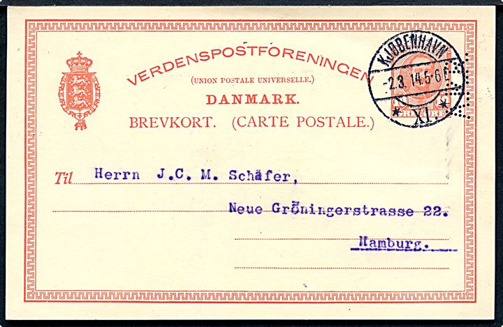 10 øre Fr. VIII helsagsbrevkort med perfin “A.R.R.” fra firma A. Rindom & Restorff Aktieselskab i Kjøbenhavn d. 2.3.1914 til Hamburg, Tyskland. Perfin ikke registreret på helsag i perfinkataloget. Smuk forsendelse.