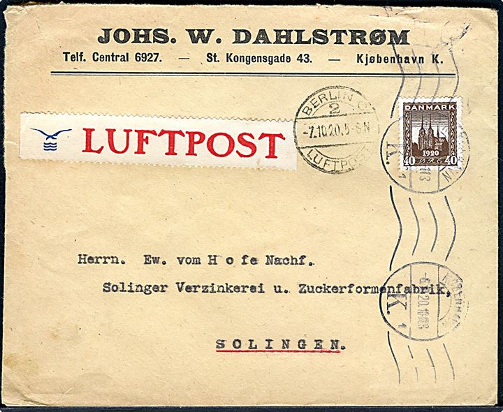 40 øre Genforening på luftpostbrev med DDL Luftpost etiket fra København d. 6.10.1920 via Berlin C2 Luftpost d. 7.10.1920 til Solingen, Tyskland. Smukt brugsbrev fra flyvningerne 15.9.-1.11.1920. 