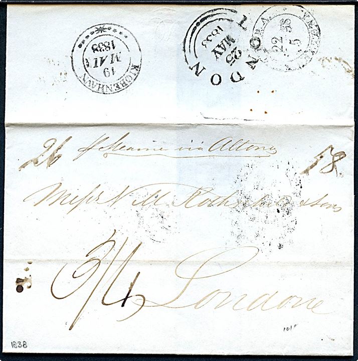 1838. Francobrev med antiqua Kiøbenhavn d. 19.5.1838 påskrevet “p Steamer via Altona” og transit stempel K.D.P.A. Altona d. 22.5.1838 til London, England. Ank.stemplet i London d. 25.5.1838.