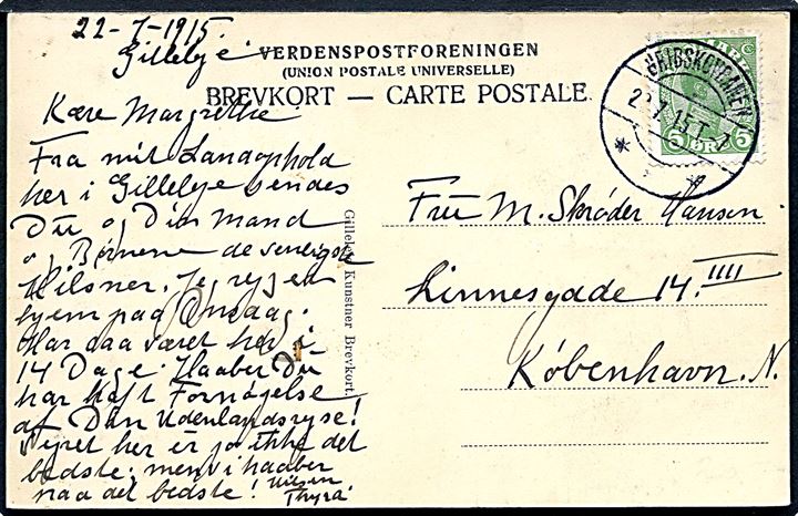 5 øre Chr. X på brevkort (Gilleleje) annulleret med godt bureaustempel Gribskovbanen T.7 d. 22.7.1915 til København. 