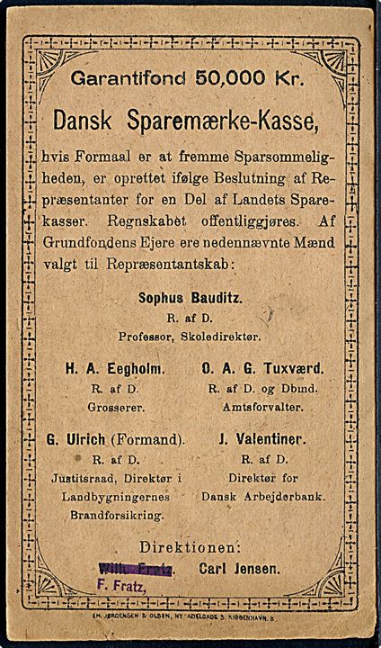 Dansk Sparemærke Kasse’s 2 Øres Sparemærkebog 1902 udg. med 52 stk. 2 øre Skole Sparemærker med perfin “S”. 8 sider. 8 sider.