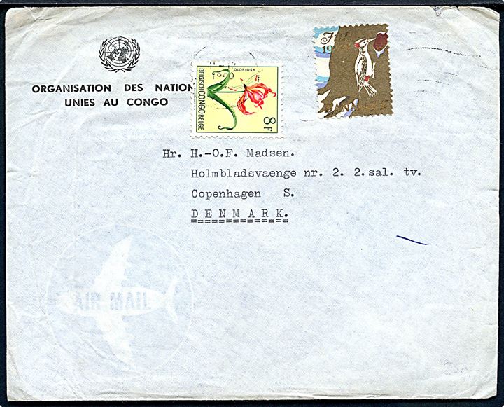 Belgisk Congo 8 fr. og Julemærke 1960 på fortrykt UNOC luftpostkuvert fra Leopoldville d. x.12.1960 til København, Danmark. Fra dansk FN-soldat i militær-politiet i Congo. Indeholder lokalt fremstillet julekort.